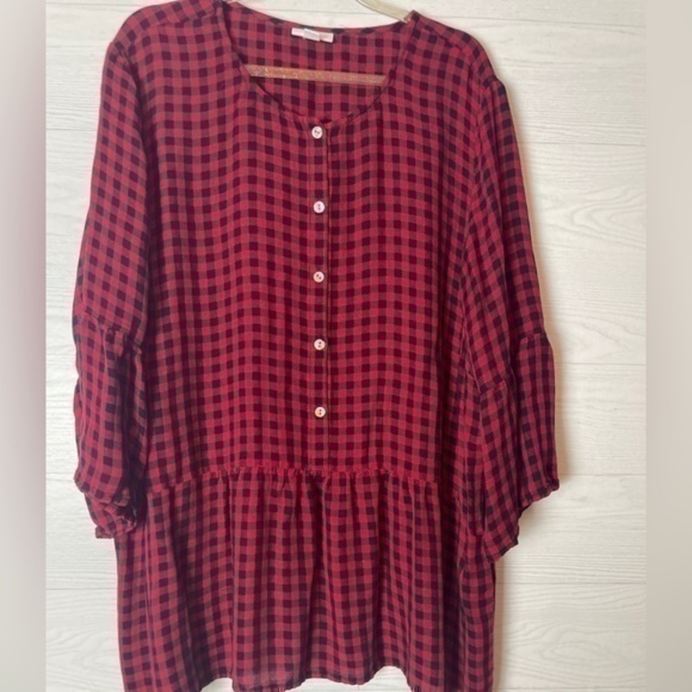 J Jill Red & Black Plaid Button Down Cabincore Cottage Top Size XL